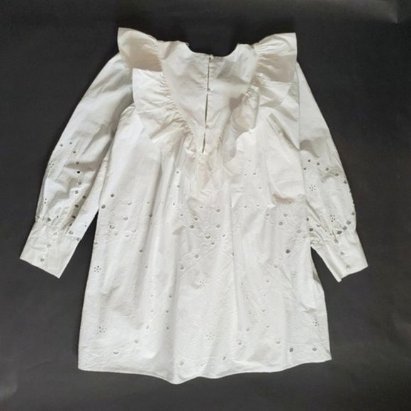 Zara White Cutwork Embroidery Long Sleeve Eyelet Oversized Ruffled Dress NWT - Picture 9 of 16